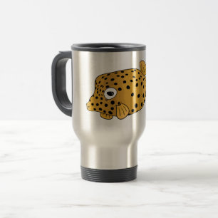 Yellow boxfish cartoon illustration travel mug