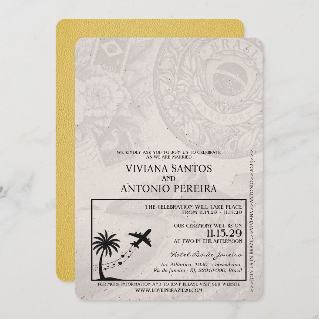 Yellow Brazil Passport Wedding Invitation (Front/Back)