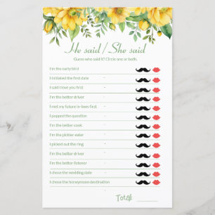 Yellow Bridal Shower Game He Said She Said