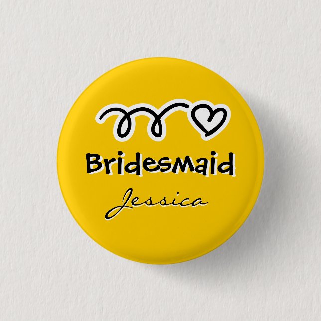 Yellow bridesmaid buttons personalised with name (Front)