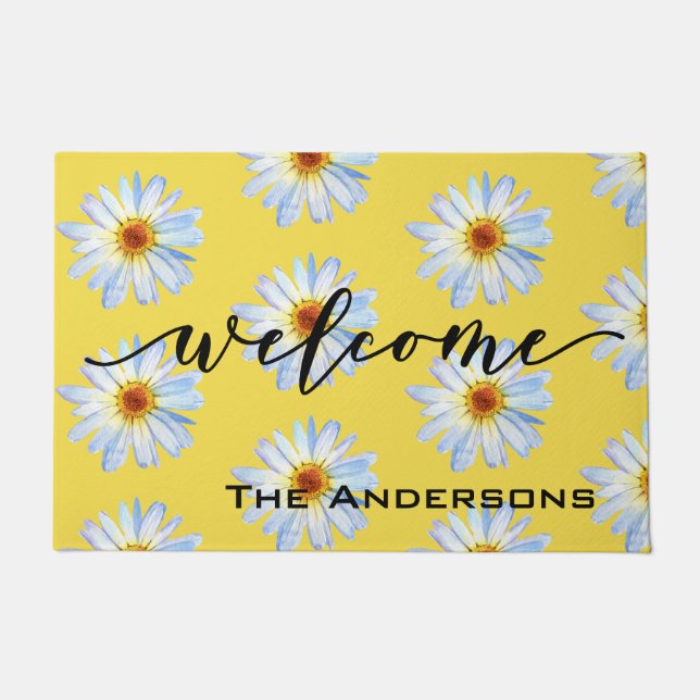 Yellow Bright Daisy Trendy Welcome Personalised Doormat (Front)