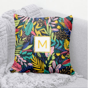 Yellow + Bright Leaves Line Art Modern Monogram Cushion