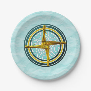 Yellow Brigid's Cross on Blue Paper Plate