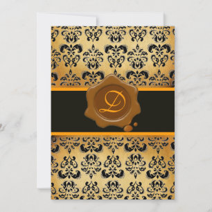 YELLOW BROWN AND BLACK DAMASK ,WAX SEAL MONOGRAM INVITATION