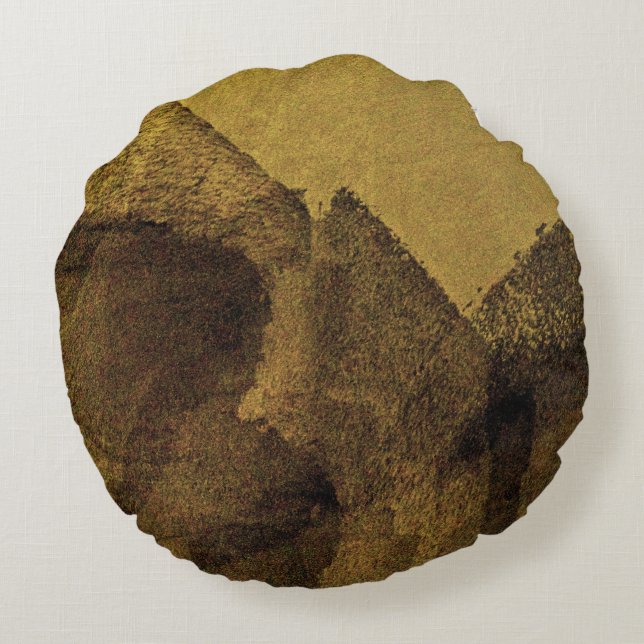 Yellow brown black abstract painting brush strokes round cushion (Back)