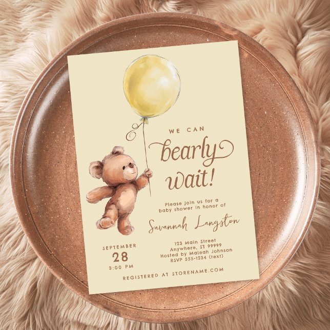 Yellow Brown Gender Neutral Teddy Bear Baby Shower Invitation (Creator Uploaded)
