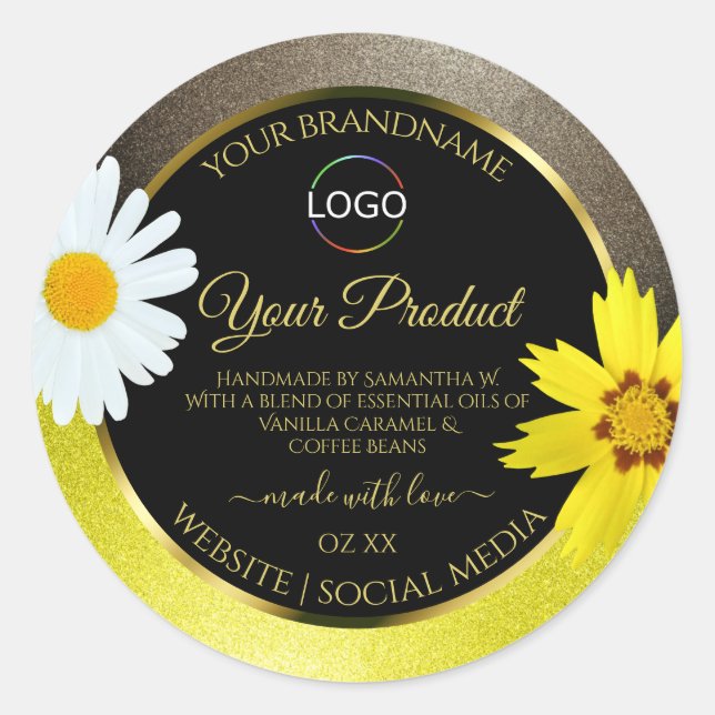 Yellow Brown Glitter Black Product Labels Add Logo (Front)