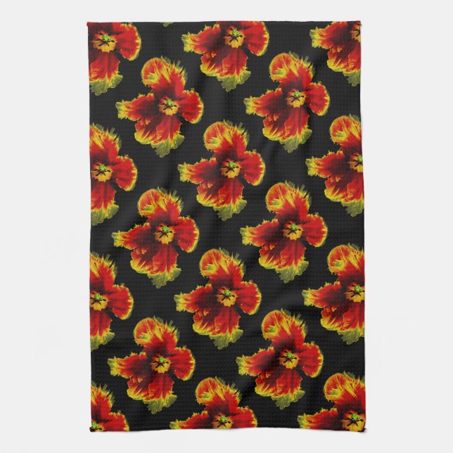 Yellow Brown on Black Flower Pattern  Tea Towel (Vertical)