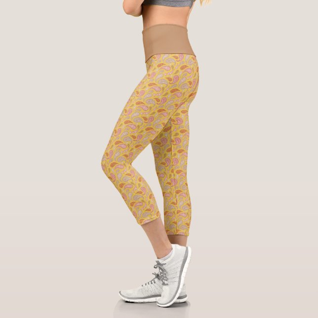 Yellow-Brown Paisley Pattern High Waisted Capris (Left)