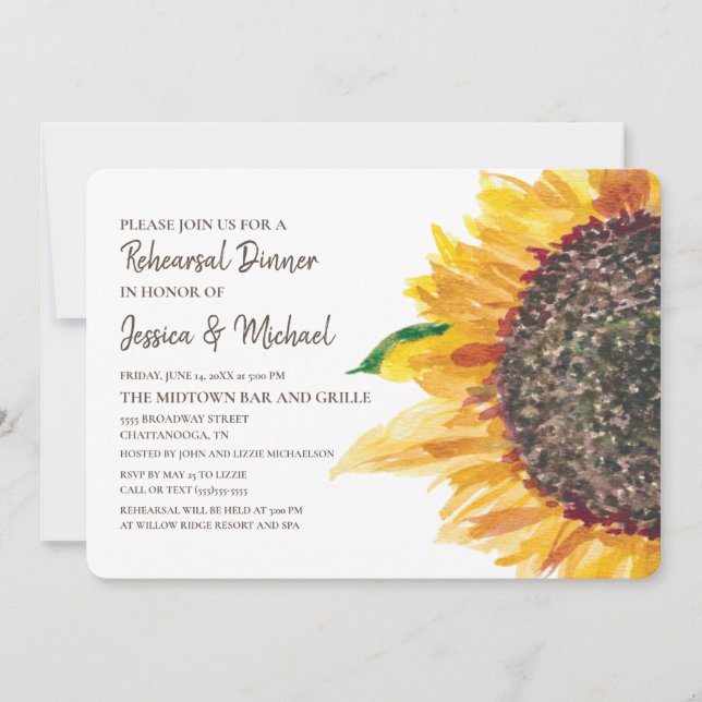 Yellow Brown Sunflower Boho White Rehearsal Invitation (Front)