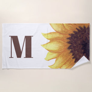 Yellow Brown Sunflower White Monogram Initial Beach Towel