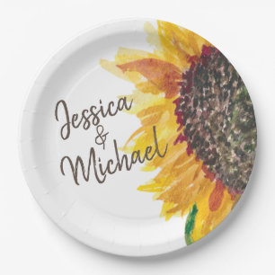 Yellow Brown Sunflower White Wedding Couples Paper Plate