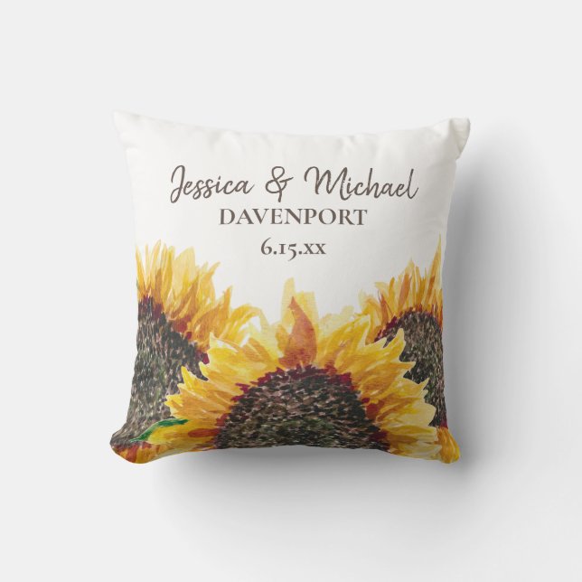 Yellow Brown Sunflowers Newlyweds Adventure Begins Cushion (Front)