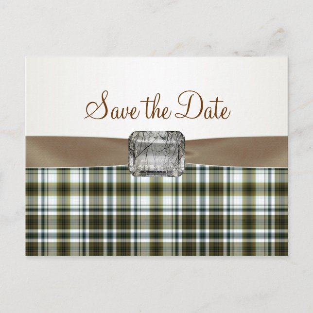 Yellow brown tartan pattern Save the Date Postcard (Front)