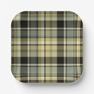 Yellow-brown tartan plaid.  paper plate
