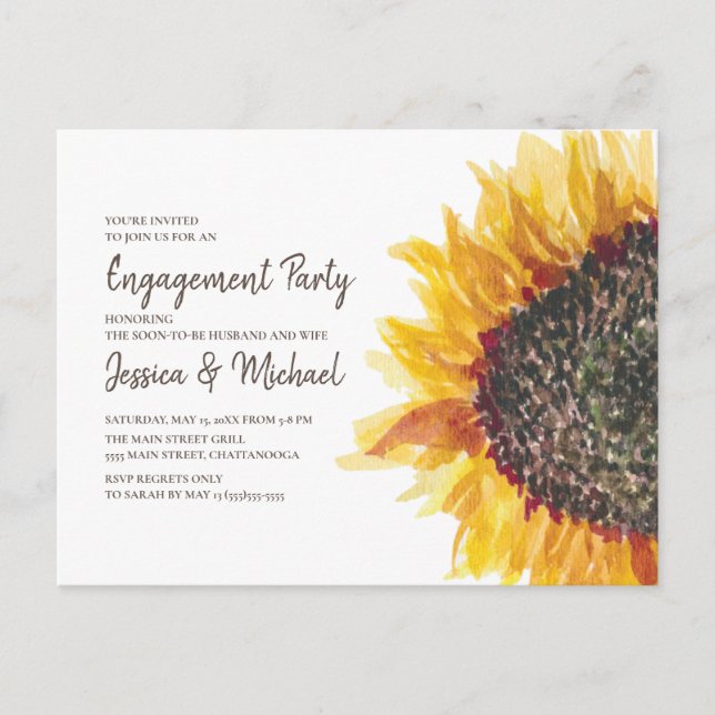 Yellow Brown White Sunflower Boho Engagement Party Postcard (Front)
