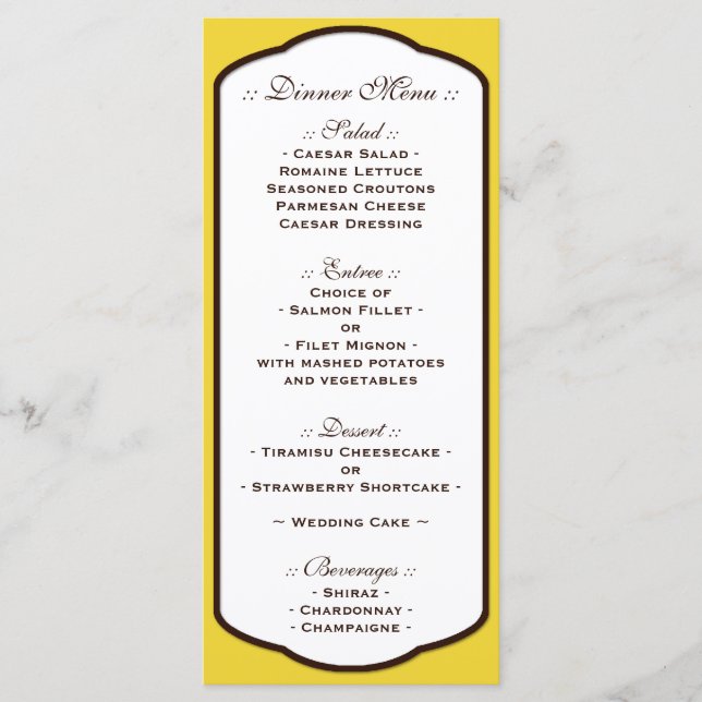 Yellow Brown & White Wedding Reception Menus (Front)