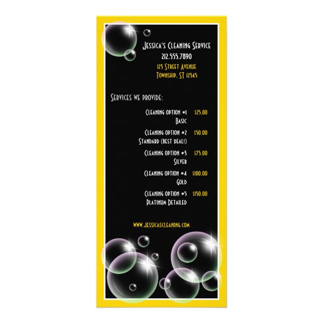 Yellow Bubbles Cleaning Service Rack Cards (Front)