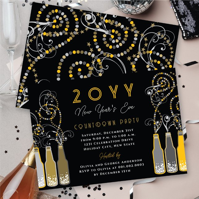Yellow Bubbly Bottles Swirls New Year's Eve Party Invitation (Yellow Bubbly Bottles Swirls New Year's Eve Party Invitation @ fat_fa_tin)