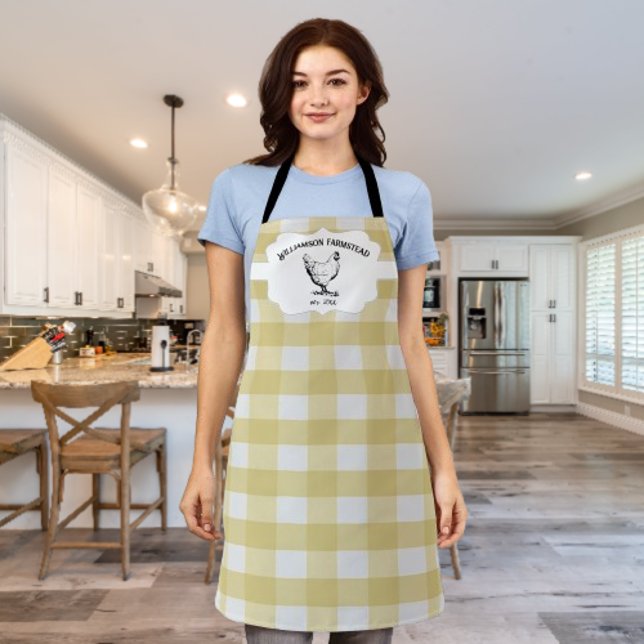 Yellow Buffalo Plaid Farm Chicken Apron (Yellow Buffalo Plaid Farm Chicken Personalized Apron)