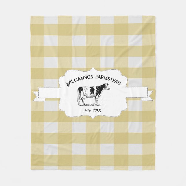 Yellow Buffalo Plaid Farm Cow Fleece Blanket (Front)