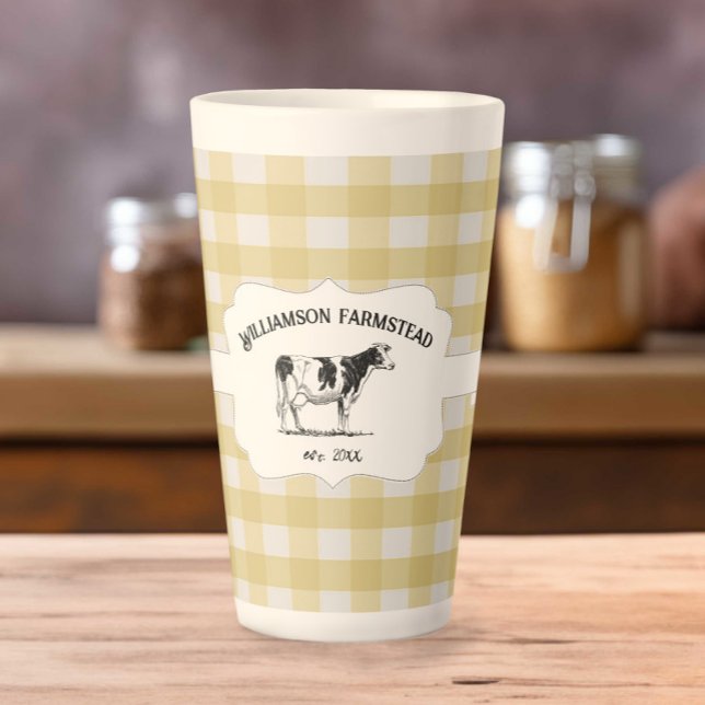 Yellow Buffalo Plaid Farm Cow Latte Mug (Yellow Buffalo Plaid Farm Cow Latte Mug)