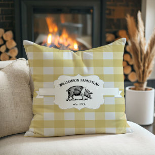 Yellow Buffalo Plaid Farm Pig Throw Pillow