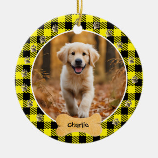 Yellow Buffalo Plaid Pattern Gold Pet Print Family Ceramic Tree Decoration