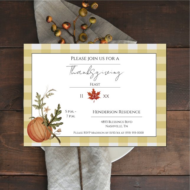 Yellow Buffalo Plaid Pumpkin Thanksgiving Dinner Invitation (Yellow Buffalo Plain Pumpkin Thanksgiving Dinner Invitation)