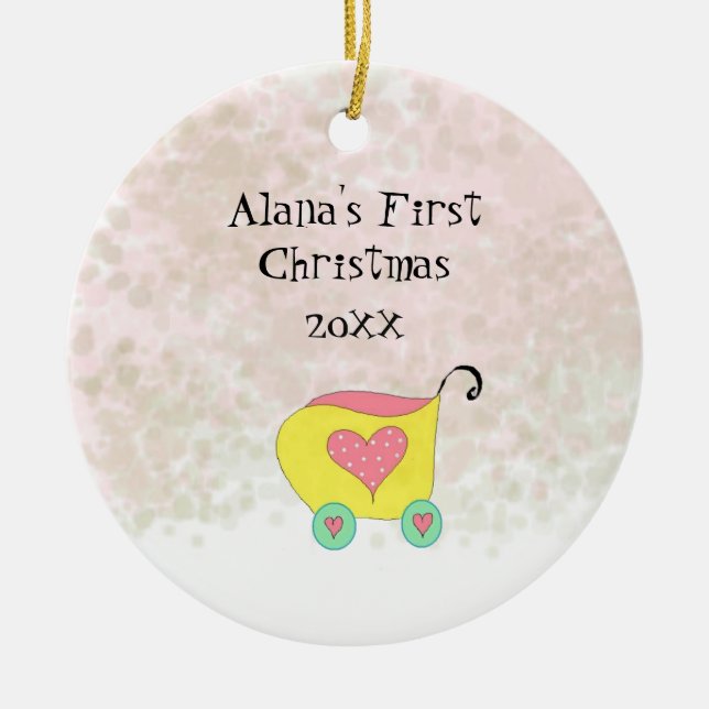 Yellow Buggy Babys First Christmas Ceramic Tree Decoration (Front)