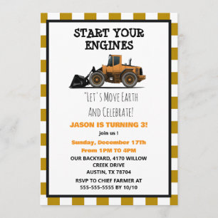 Yellow Bulldozer Construction Boys Birthday  Invitation