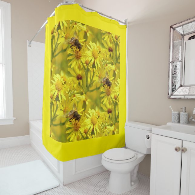 Yellow Bumble Bee and Daisy Flowers Shower Curtain (In Situ)
