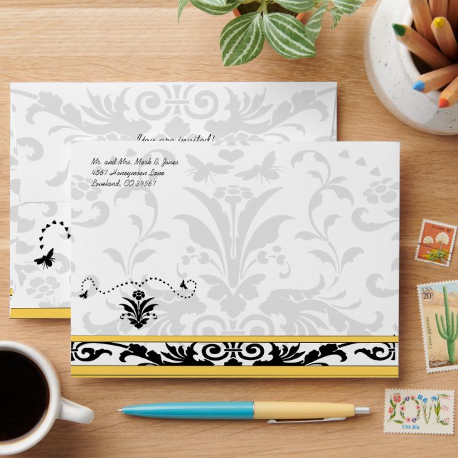Yellow Bumble Bee Damask Envelopes (Desk)