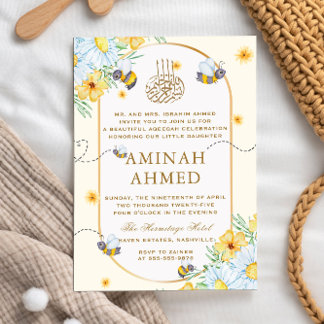 Yellow Bumble Bee Islamic Neutral Aqiqa Aqeeqa Invitation