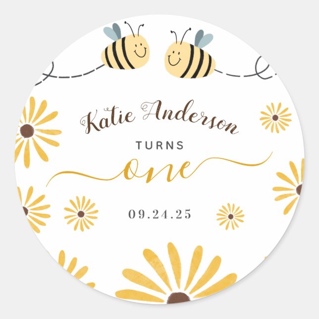 Yellow Bumblebee and Sunflowers First Birthay Classic Round Sticker (Front)