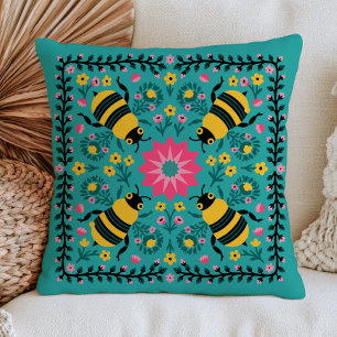 Yellow Bumblebees on Blue Floral Cottagecore Cushion