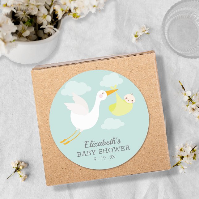 Yellow Bundle Stork Unisex Baby Shower Classic Round Sticker (Yellow bundle stork gender neutral baby shower round favor stickers)