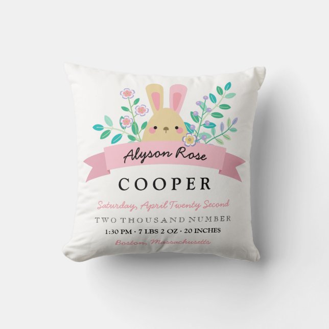 Yellow Bunny & Flowers Pretty Birth Stats Cushion (Front)