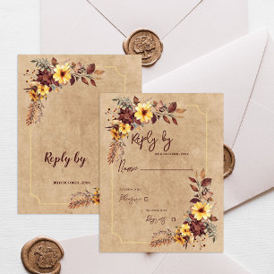 Yellow & Burgundy Floral Autumn Fall Wedding RSVP Card