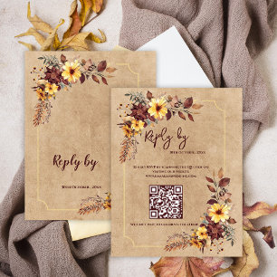 Yellow & Burgundy Floral QR Code Fall Wedding RSVP Card