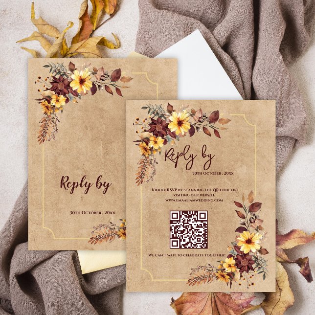 Yellow & Burgundy Floral QR Code Fall Wedding RSVP Card (Yellow & Burgundy Floral QR Code Fall Wedding RSVP Card)