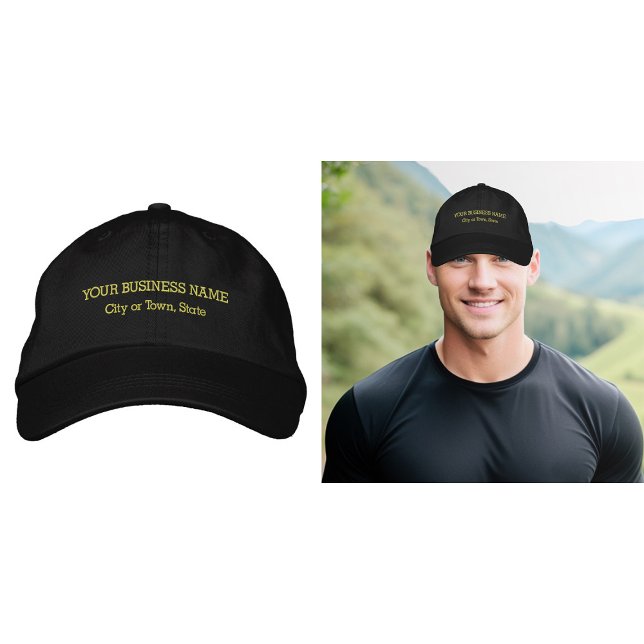 Yellow Business Text Embroidered on Cap (Business name and location embroidered on cap in yellow thread)