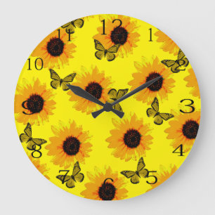 Yellow Butterflies And Sunflowers,  Large Clock