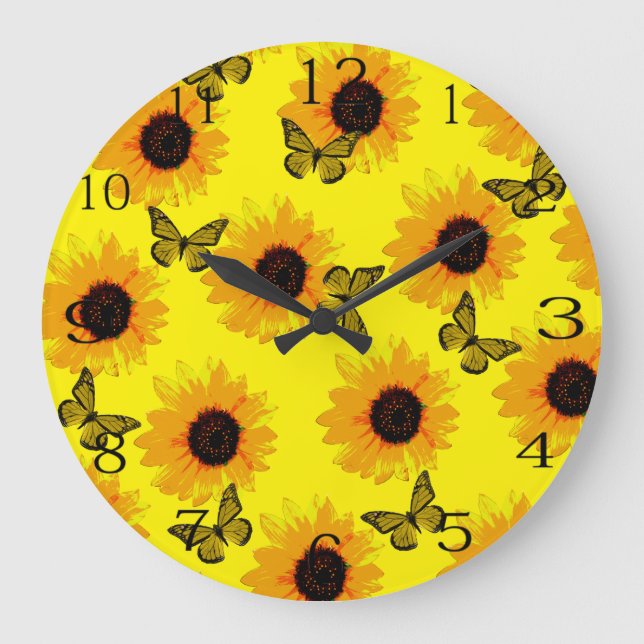 Yellow Butterflies And Sunflowers,  Large Clock (Front)