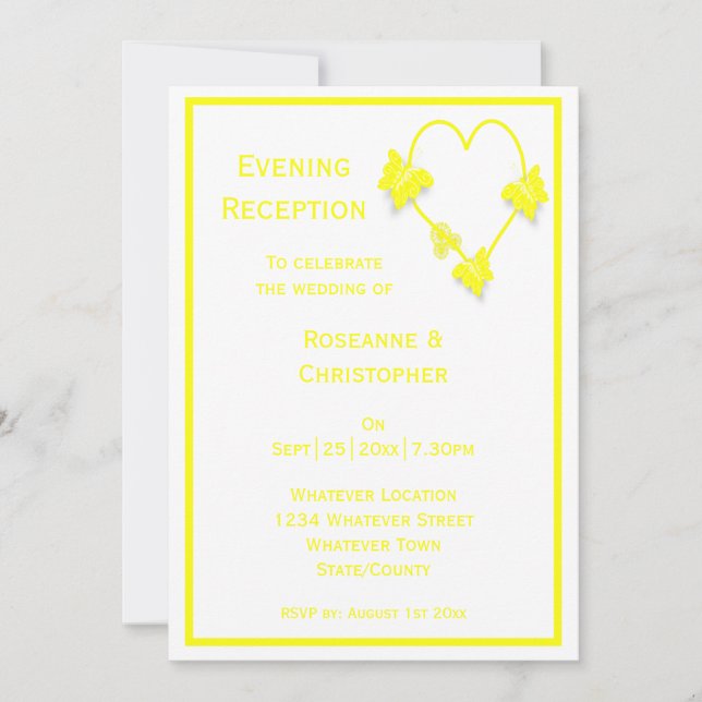 Yellow Butterflies Heart Wedding Reception Invitation (Front)