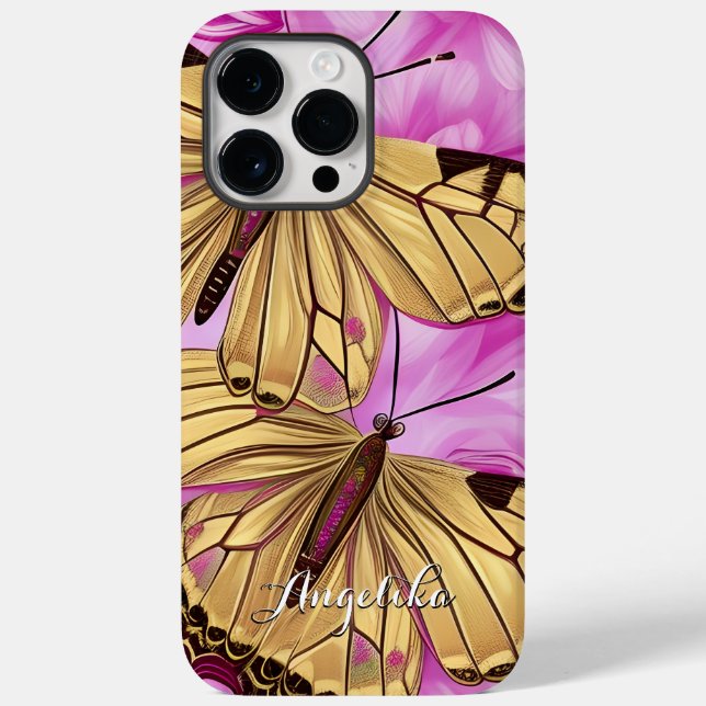 Yellow Butterflies, Pink Flowers Personalised Name Case-Mate iPhone Case (Back)