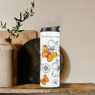 Yellow Butterfly And Black & White Flowers Quote Thermal Tumbler