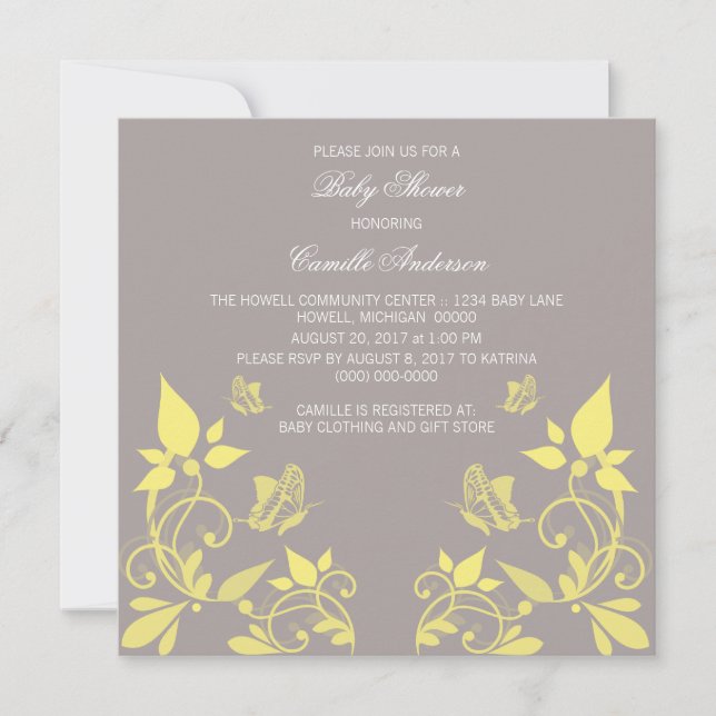 Yellow Butterfly Floral Baby Shower Invite (Front)
