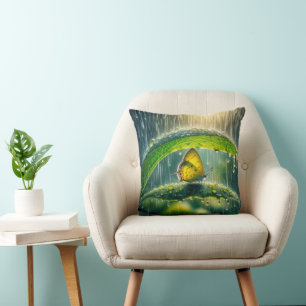Yellow Butterfly In a Rain Shower Cushion