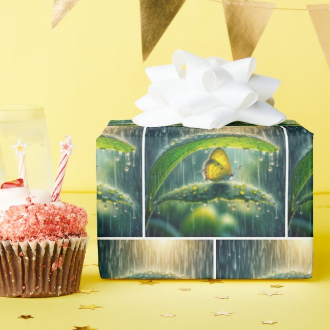 Yellow Butterfly In a Rain Shower Wrapping Paper (Birthday Party)